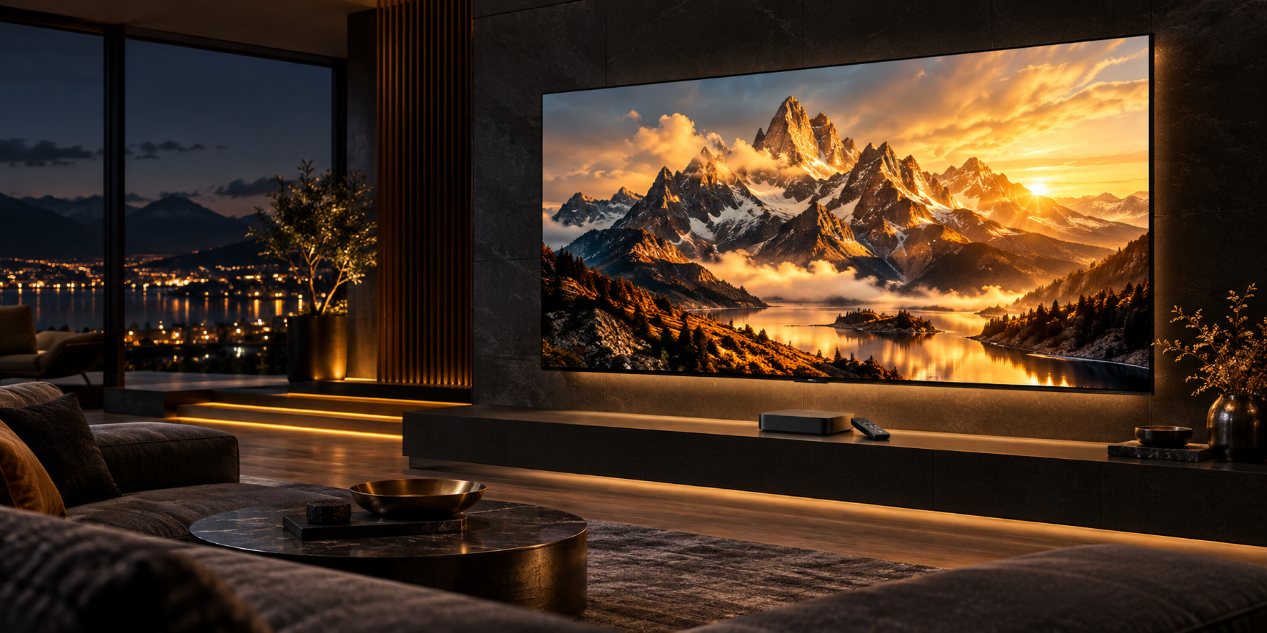 Luxury home cinema with an 8K television and streaming box